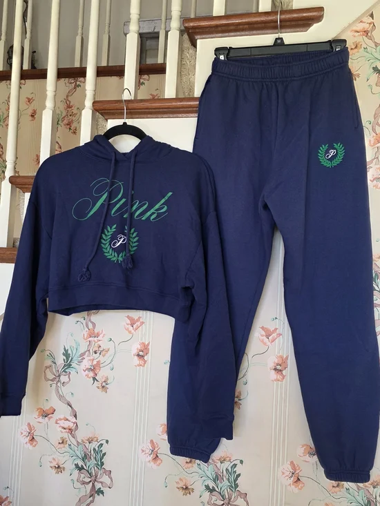 PINK Navy Cropped Hoodie & Jogger Set with Green Script - Picture 1 of 2